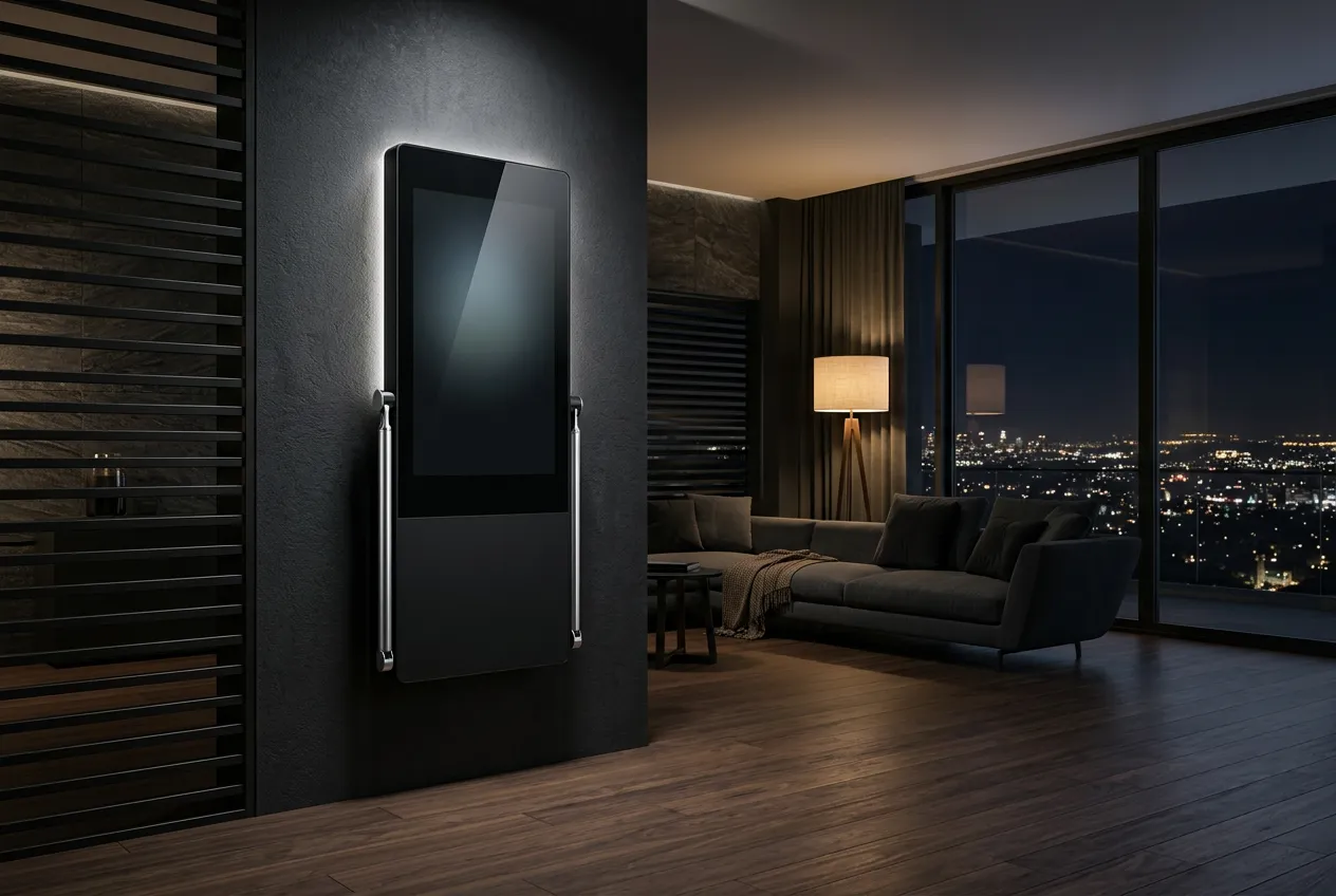 Wide view of a modern living space at night with the VANTA panel glowing