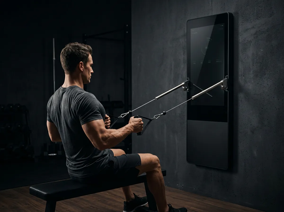 An athlete rowing against digital resistance in a dark room