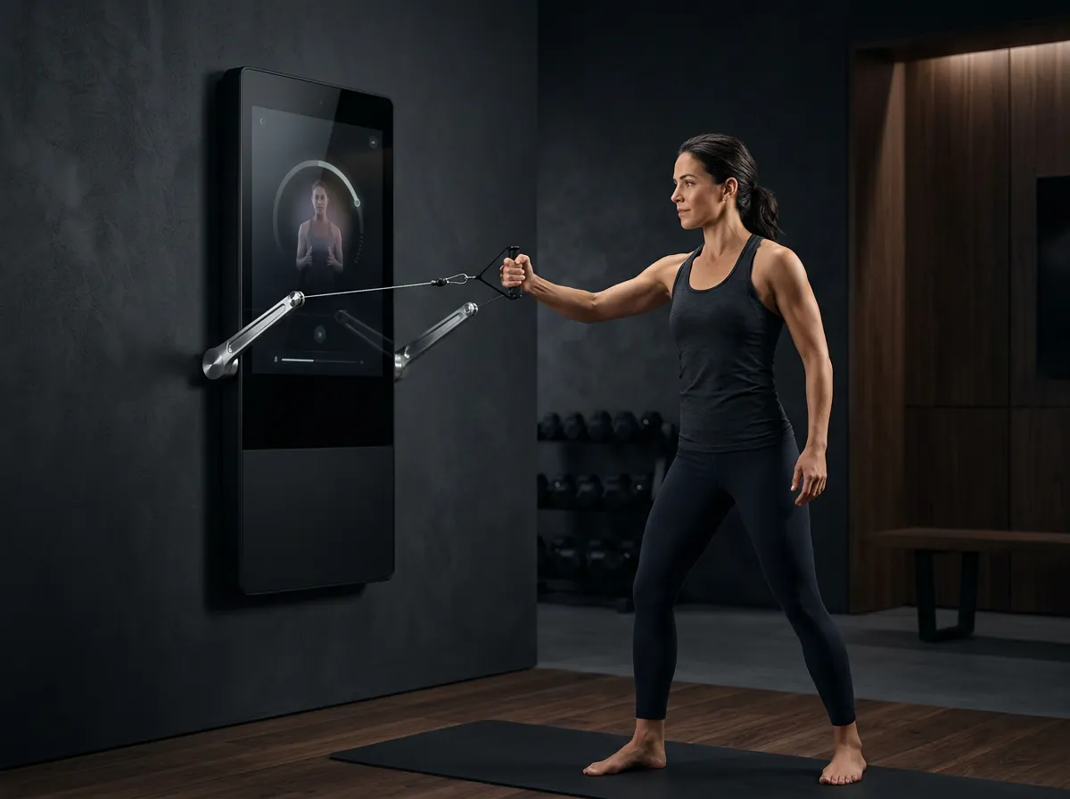 A woman training with the VANTA Studio, following on-screen AI coaching
