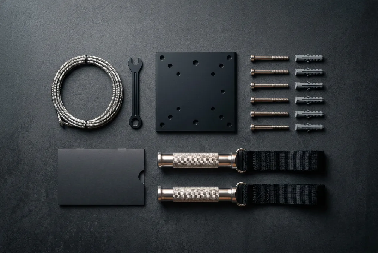 Overhead flat-lay of the VANTA Studio mounting hardware, handles, cable and calibration tool