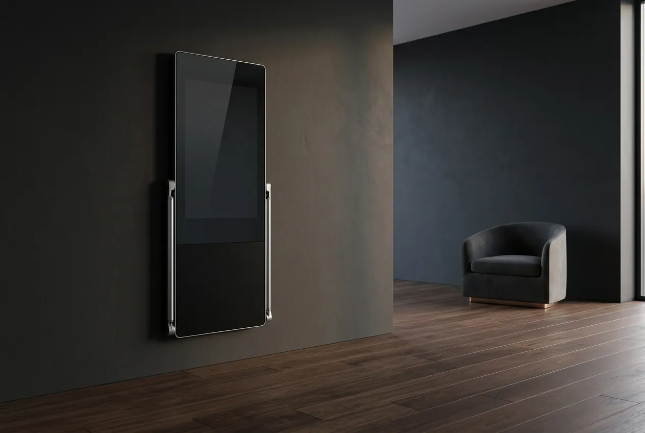 The folded VANTA Studio on a wall in a calm modern living room, showing how little space it takes