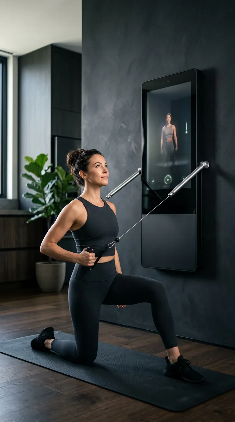 A member training with the VANTA Studio, following a guided class on the glowing panel