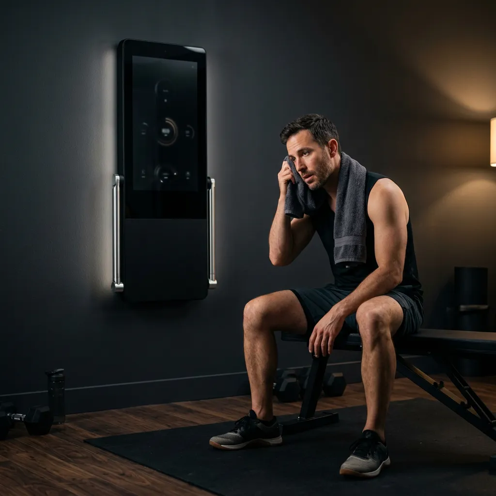 A member resting on the bench after a session beside the glowing VANTA panel