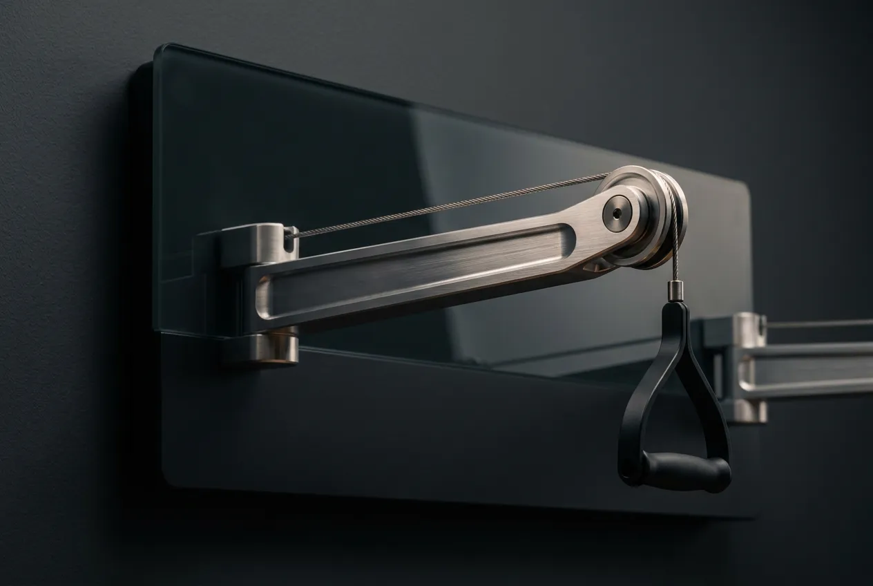 Close detail of the VANTA Studio's machined aluminum resistance arm and pivot pulley